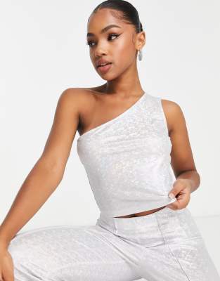 Pieces Premium exclusive holographic one shoulder top in silver (part of a set) - view 1