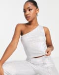 [Pieces] Pieces Premium exclusive holographic one shoulder top in silver (part of a set) XXL SILVER