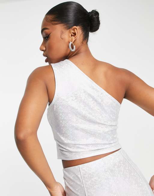 Pieces Premium exclusive holographic one shoulder top in silver (part of a set), 2 of 4
