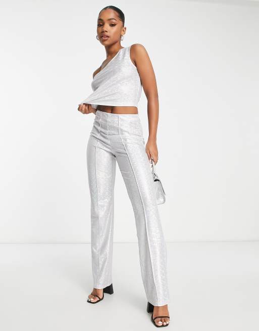 Pieces Premium exclusive holographic one shoulder top in silver (part of a set), 3 of 4
