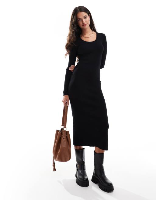 Pieces - Premium geribbelde maxi jurk met structuur en lange mouwen in zwart