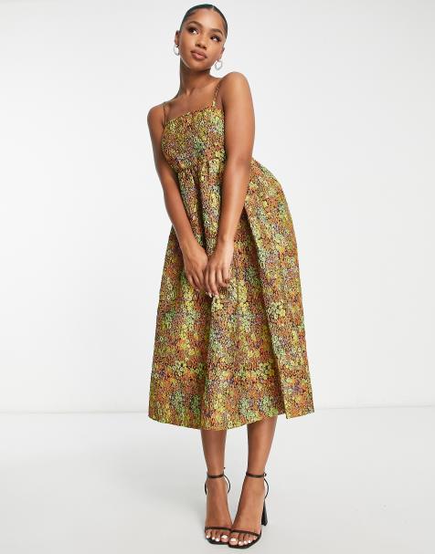 Pieces Premium jacquard midi babydoll dress in orange floral - view 1
