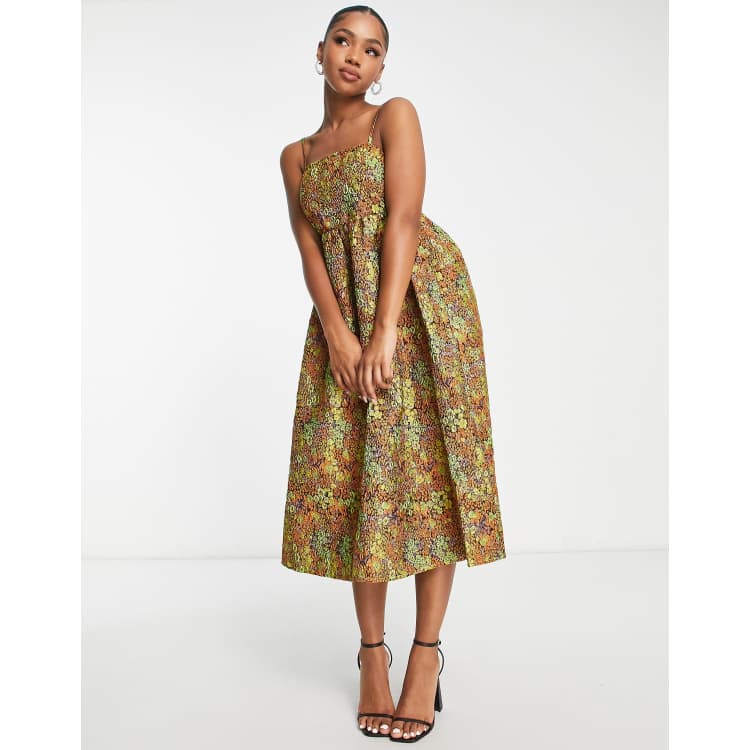 Pieces Premium jacquard midi babydoll dress in orange floral