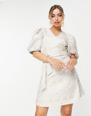 Pieces Premium jacquard wrap front mini dress in pale blue & rose