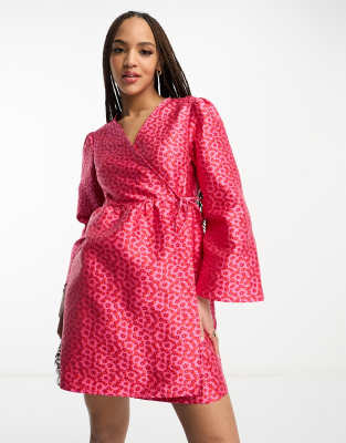 Premium kimono sleeve wrap mini dress in pink & red-Multi