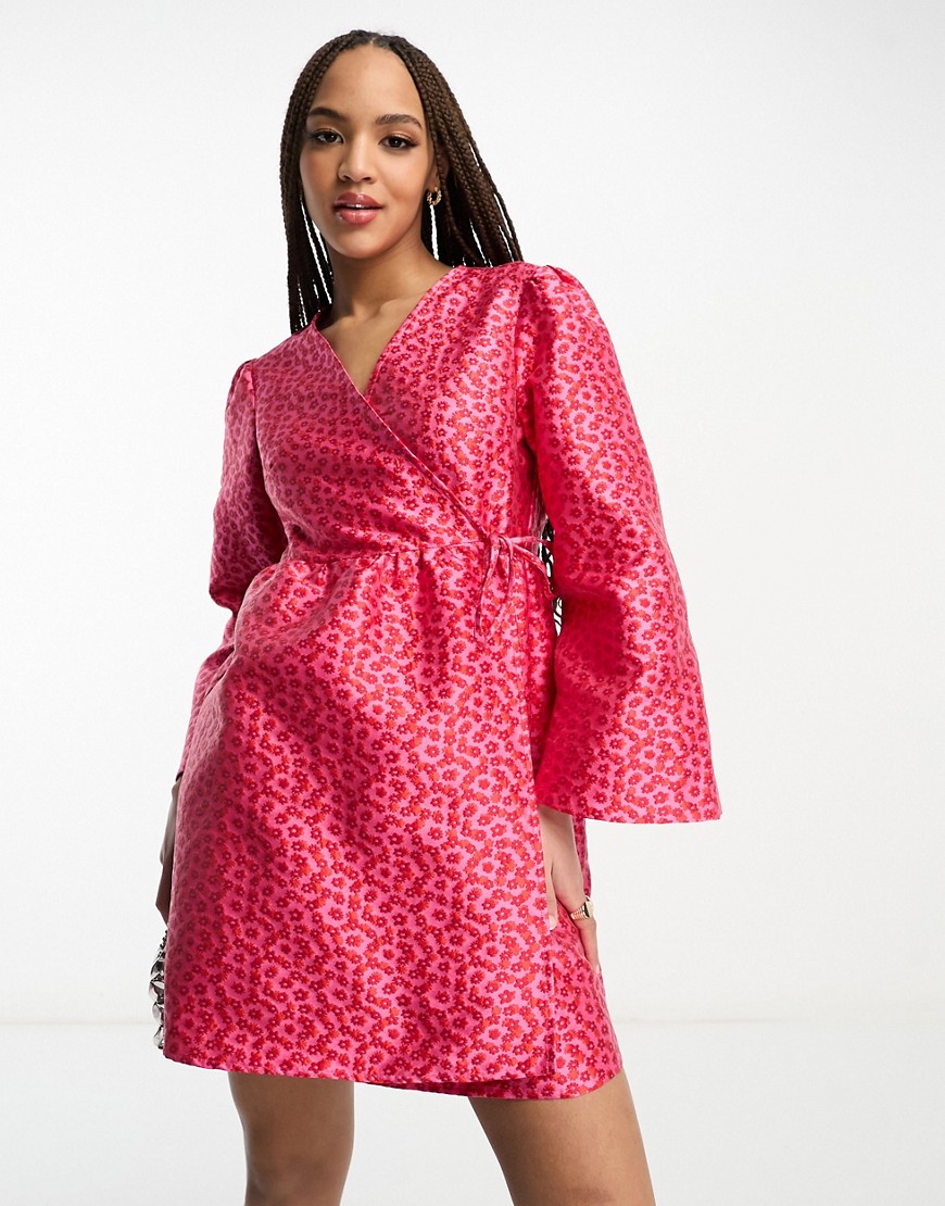 Pieces Premium kimono sleeve wrap mini dress in pink & red-Multi