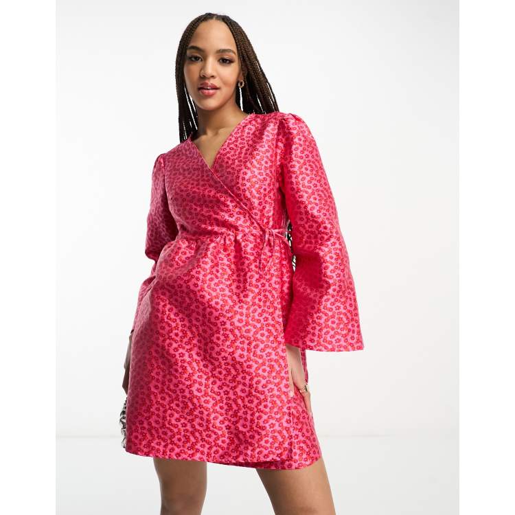 Pieces Premium kimono sleeve wrap mini dress in pink red ASOS