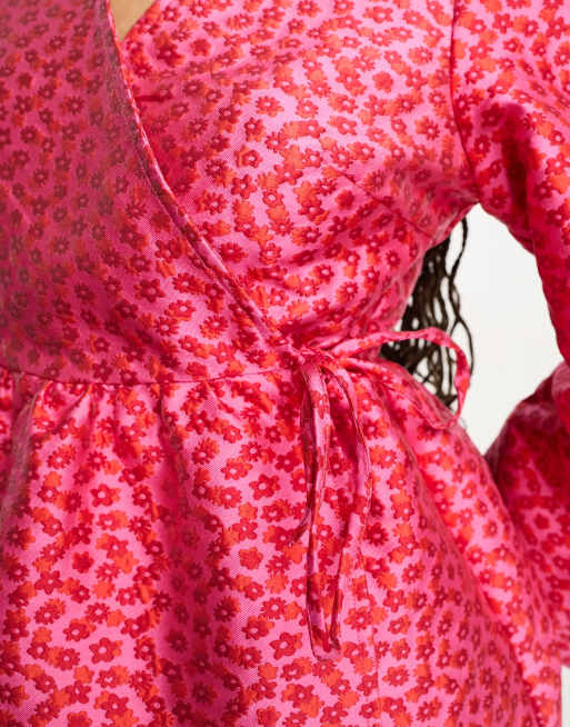 Pieces Premium kimono sleeve wrap mini dress in pink & red