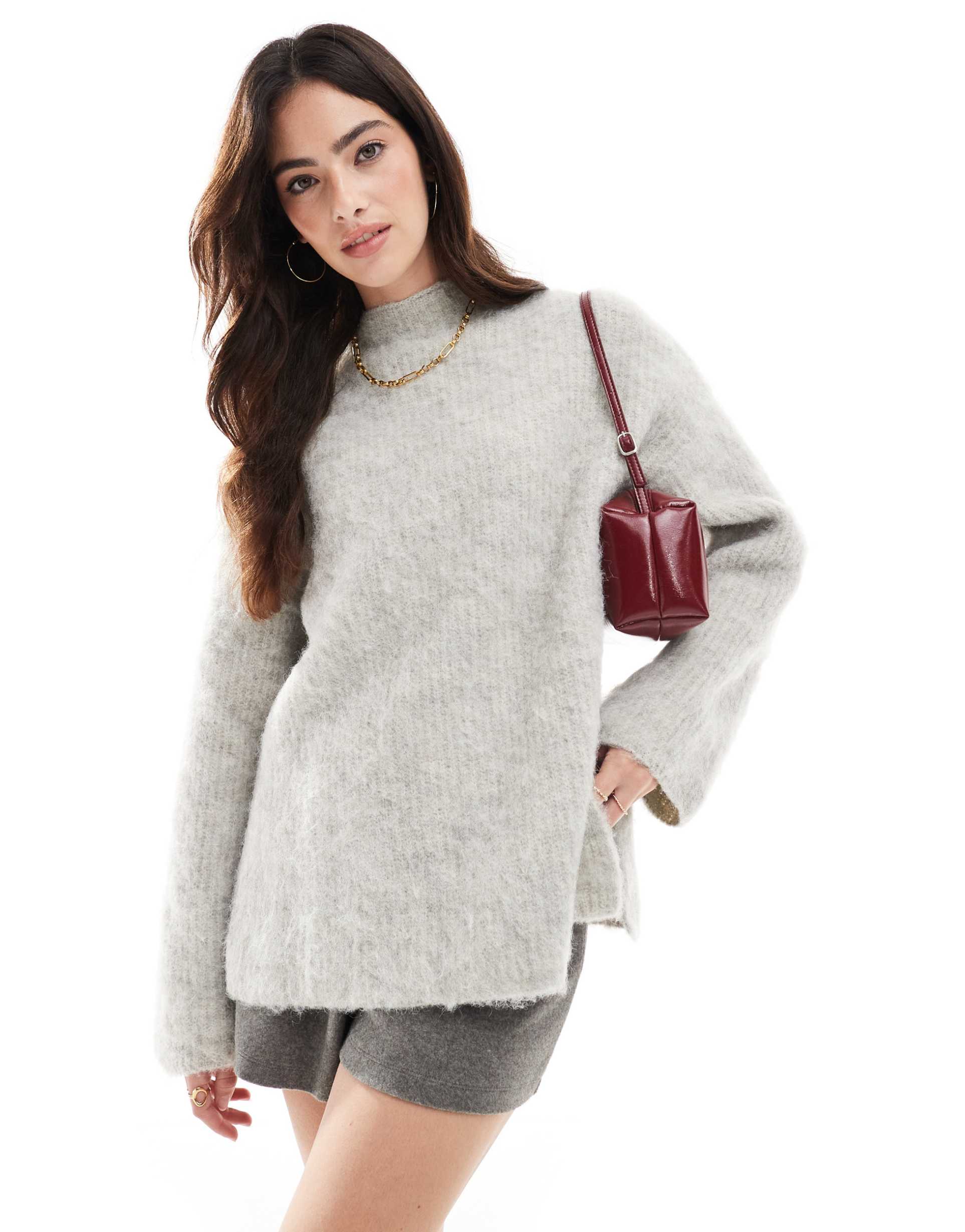 pieces premium longline fluffy knit sweater with wide cuffs in light gray melange