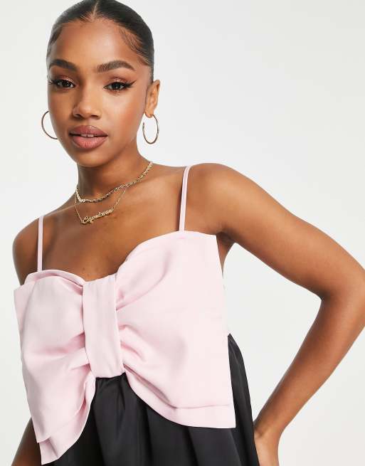 Pieces Premium oversized bow tiered mini dress in black pink ASOS