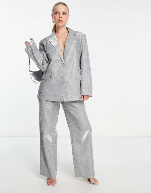 PIECES - Premium - Oversized sølvfarvet blazer med glimmer - Del af sæt - Kun hos ASOS, 2 af 4