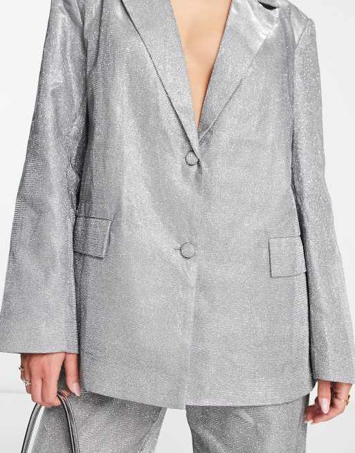 PIECES - Premium - Oversized sølvfarvet blazer med glimmer - Del af sæt - Kun hos ASOS, 3 af 4