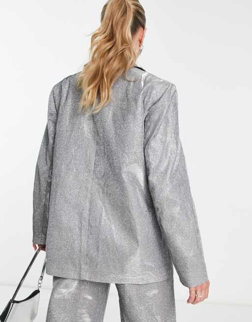 PIECES - Premium - Oversized sølvfarvet blazer med glimmer - Del af sæt - Kun hos ASOS, 4 af 4