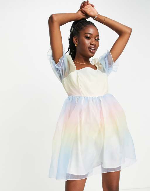 Pieces Premium puff sleeve organza mini dress in ombre pastel rainbow