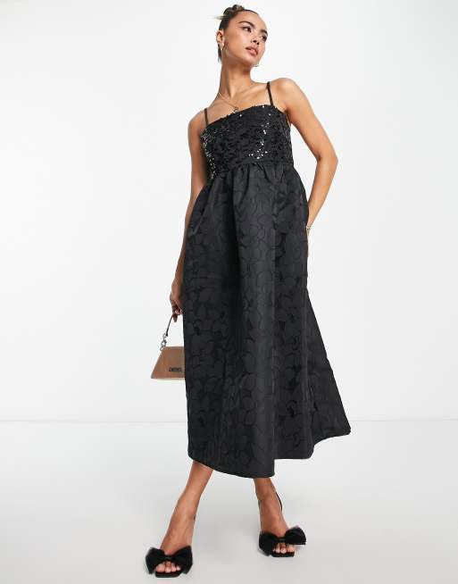 Pieces Premium - Robe babydoll mi-longue à fines bretelles avec sequins - Noir, 3 de 4