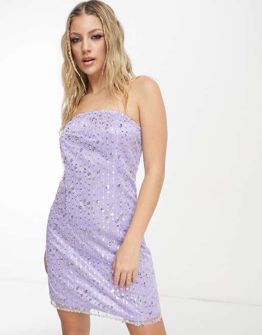 Pieces Premium sequin mesh detail bandeau mini dress in lilac