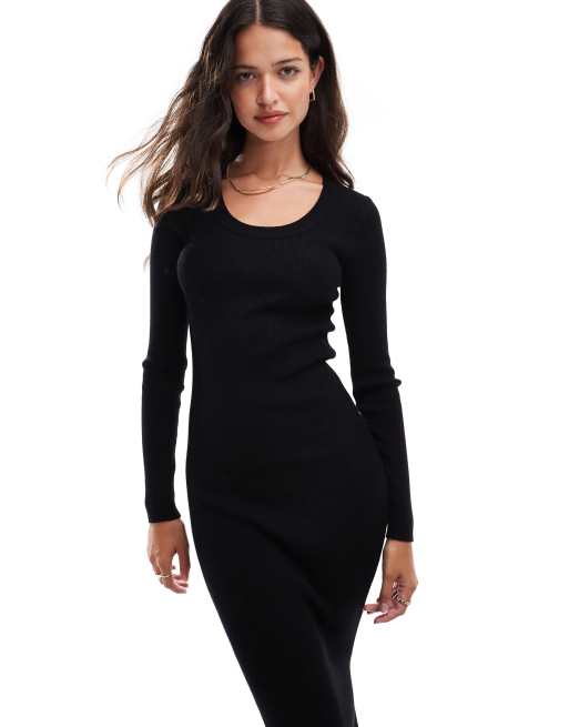 Pieces premium structured ribbed long sleeve maxi dress in black