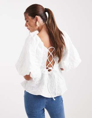 Pieces Premium Texture Puff Sleeve Top With Bow Back In White