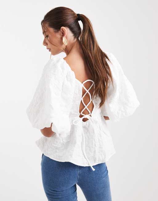 Pieces premium texture puff sleeve top with bow back in white, 2 of 4