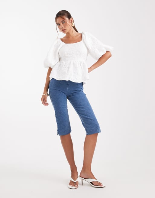 Pieces premium texture puff sleeve top with bow back in