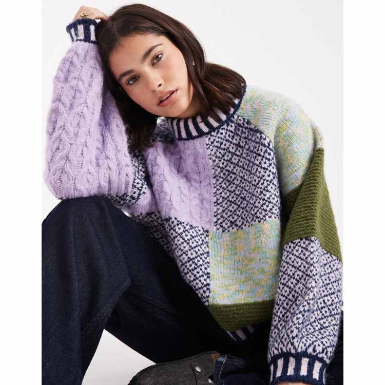 Pieces premium textured patchwork knit sweater in multi | ASOS