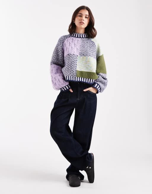 Pieces premium textured patchwork knit sweater in multi | ASOS