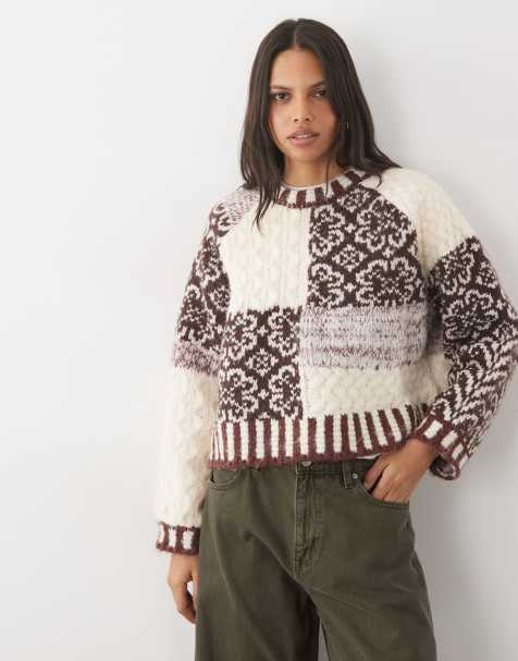 Pieces premium textured patchwork knitted jumper in brown - view 1
