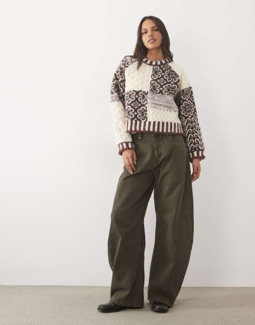 Pieces premium textured patchwork knitted jumper in brown, 2 of 4