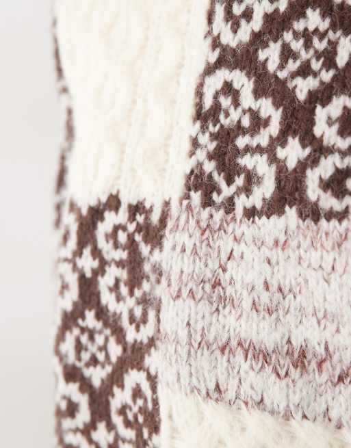 Pieces premium textured patchwork knitted jumper in brown, 3 of 4