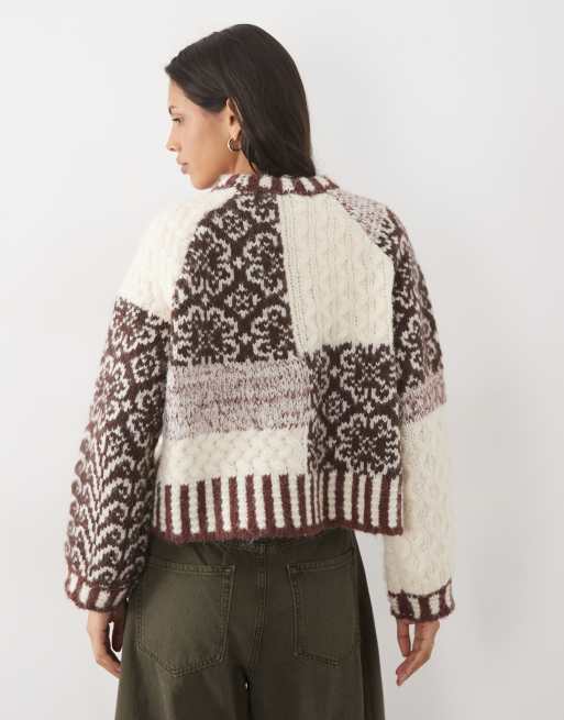 Pieces premium textured patchwork knitted jumper in brown, 4 of 4