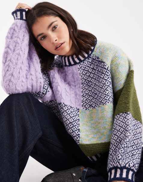 Pieces premium textured patchwork knitted jumper in multi - view 1