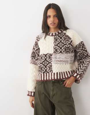 Pieces Premium Textured Patchwork Knitted Sweater In Brown