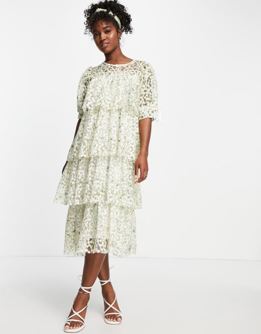 Pieces Premium tiered embroidered midi dress in cream floral, VolcanmtShops