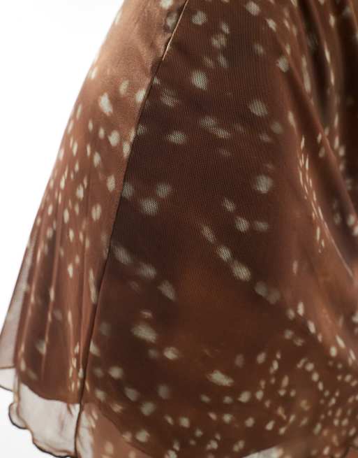 Pieces print mesh mini skirt co-ord in brown, 3 of 5
