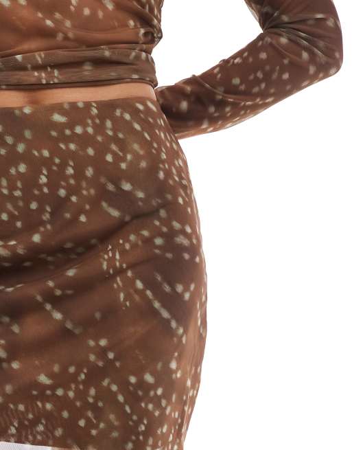 Pieces print mesh mini skirt co-ord in brown, 5 of 5