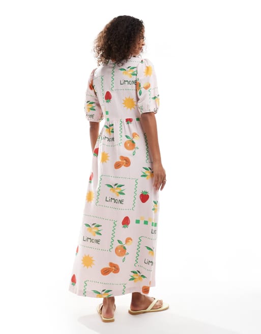 Pieces puff sleeve button front maxi dress in pale pink based fruit print, 3 of 4