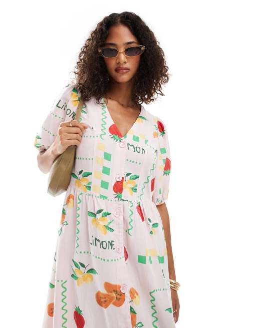 Pieces puff sleeve button front maxi dress in pale pink based fruit print, 4 of 4