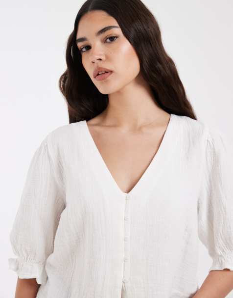 Pieces puff sleeve button front woven blouse in white - view 1