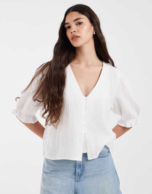 Pieces puff sleeve button front woven blouse in white, 3 of 4