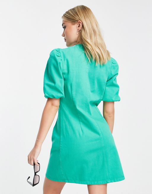 Pieces puff sleeve denim mini dress in bright green | ASOS