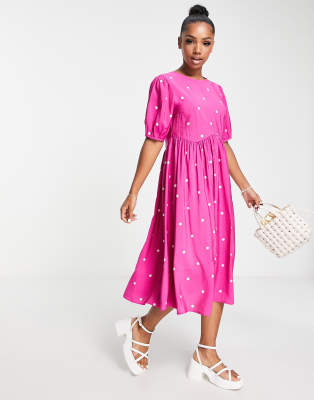 River Island belted midi dress with puff sleeves in light pink