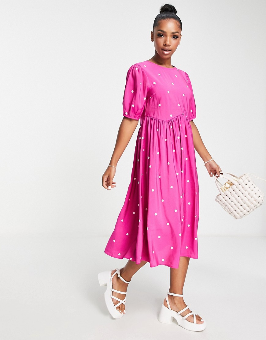 Pieces puff sleeve midi dress in hot pink with polka dot