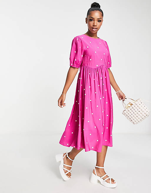 Pieces puff sleeve midi dress in hot pink with polka dot | ASOS