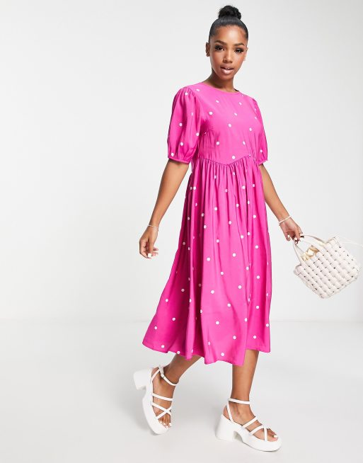 for Women Dress Plus Tie Back Puff Sleeve Dress (Color : Hot Pink