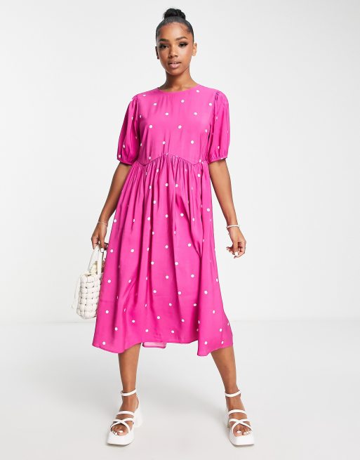 Pieces puff sleeve midi dress in hot pink with polka dot