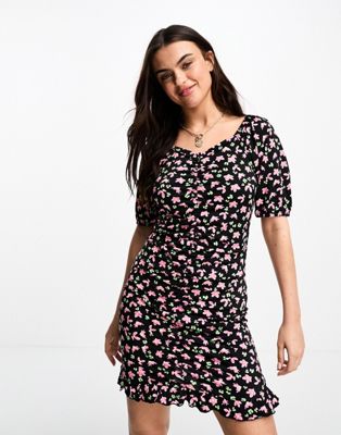 Pieces puff sleeve mini dress in black floral