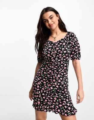 Pieces puff sleeve mini dress in black floral | ASOS