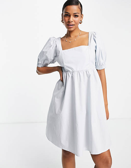 Pieces puff sleeve mini smock dress in blue