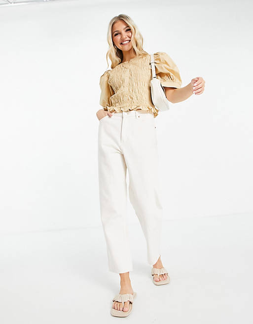 Pieces puff sleeve shirred detail blouse in camel