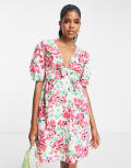 [Pieces] Pieces puff sleeve tie detail mini dress in white floral-Multi XS Pink & green